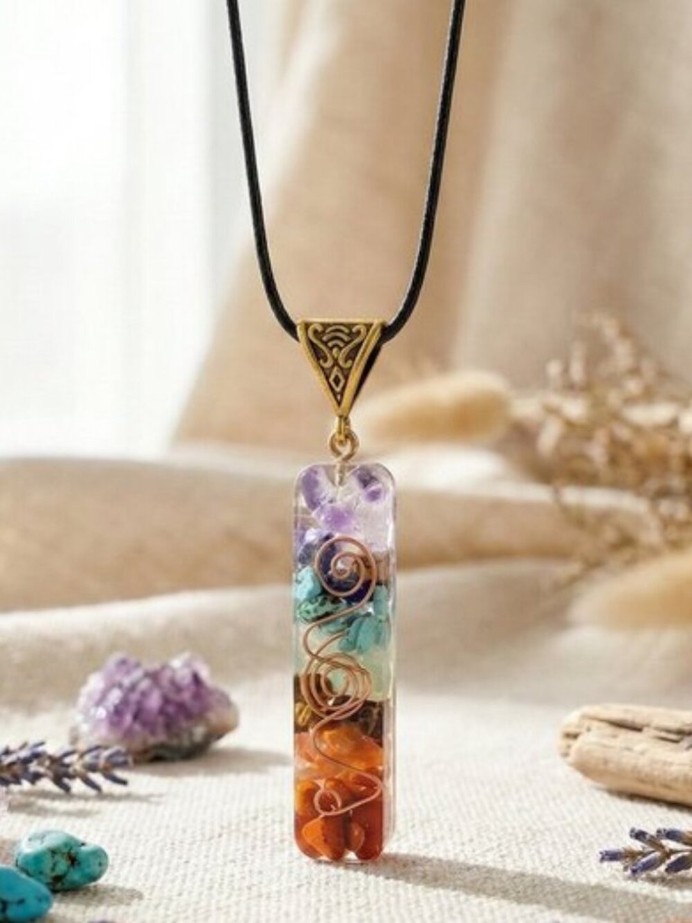 7 Chakra Crystal Resin Pendant Necklace Witchy Whimsigoth Boho Yoga Aesthetic